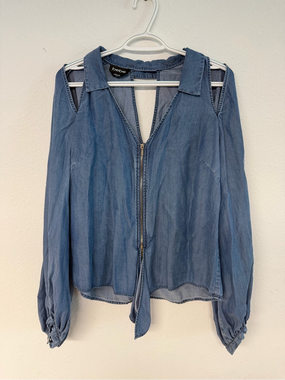 bebe Blue Cold-Shoulder Zip-Front Denim Blouse